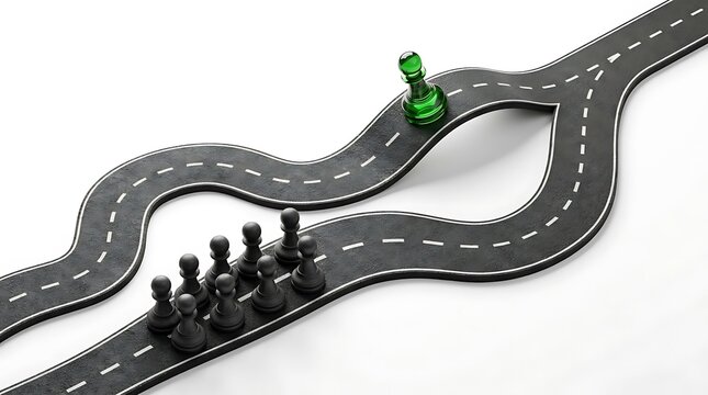 Black pawns and a green pawn separated on a diverging road representing decisions and strategy