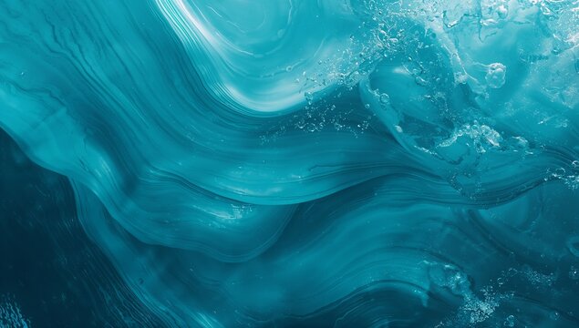 Swirling liquid turquoise waves featuring deep ocean currents with sparkling bubbles creating dynamic motion in this smooth abstract digital art composition