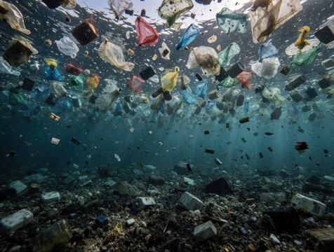 Ocean floor littered with floating plastic bags bottles and trash. Underwater marine pollution fills sea water and seabed creating ecological crisis. Waste accumulates on ocean bed.