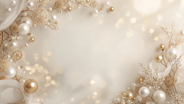 Elegant christmas holiday border background featuring shimmering golden ornaments and white pearls set against soft glowing lights in high resolution