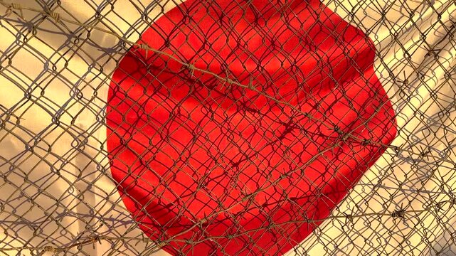 Japan flag with Barbed wire, close-up. Barbed wire on Flag of Japan background. Barbed wire Japan flag border. Japanese Flag with Barbed wire on border control. 