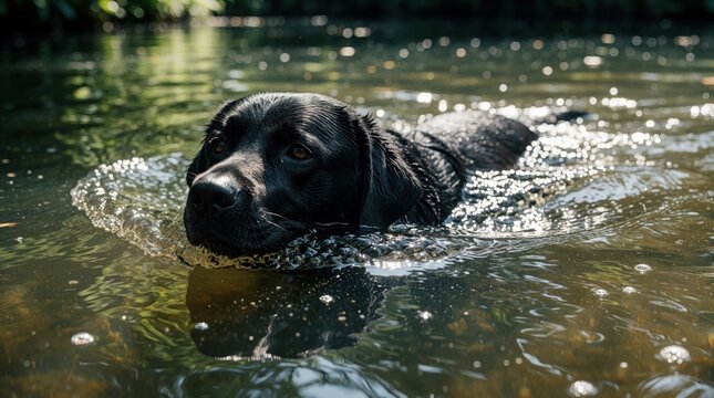 A black labrador swims in calm water, its fur wet, with sunlight sparkling on the surface. This dog enjoys a refreshing dip in a natural pond surrounded by plants, feeling joyful.