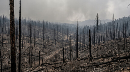 Obraz premium Burned forest landscape with destroyed trees and hazy sky