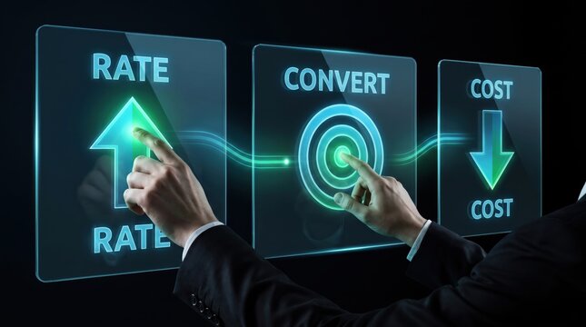 Businessman's hand interacts with digital interface showing rate increase convert to and cost decrease on dark background