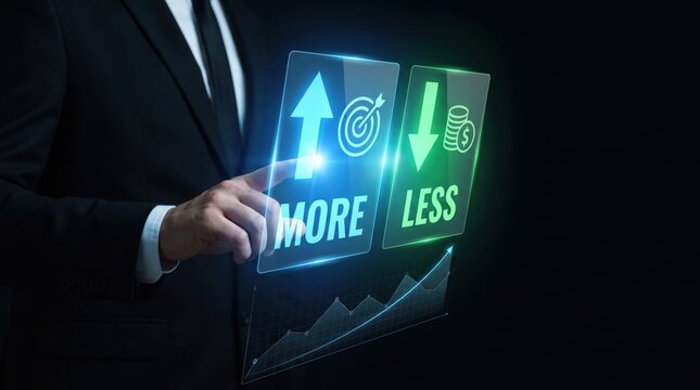 Businessman's hand touching digital screen showing growth and decline graphs with 'more' and 'less' icons against dark background