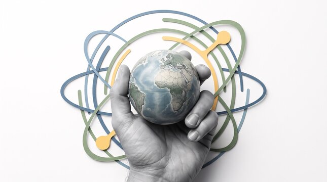 Human hand holding a small globe model against a stylized orbital science background on white