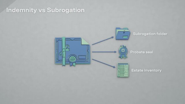 An indemnity bond covers estate loss; related records document probate closure, asset inventory and subsequent subrogation recovery. Flat 3D style with English labels.