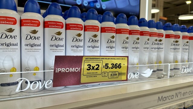 Dove deodorant aerosol cans displayed with a promotional offer in a supermarket in Buenos Aires, Argentina, on September 5, 2026.