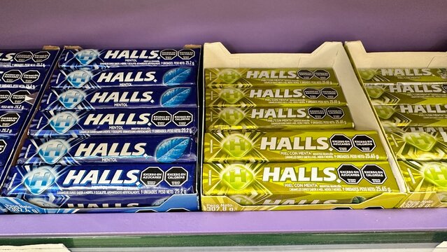 Halls menthol lozenges displayed in different flavors at a supermarket in Buenos Aires, Argentina, on September 5, 2026.