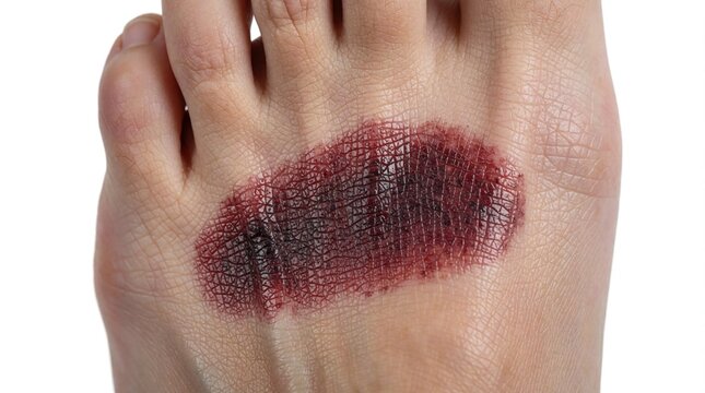 Close-up on foot dorsal surface showing a dark bruise from foot drop trauma. This injury requires physical therapy and podiatry education for rehabilitation and treatment.