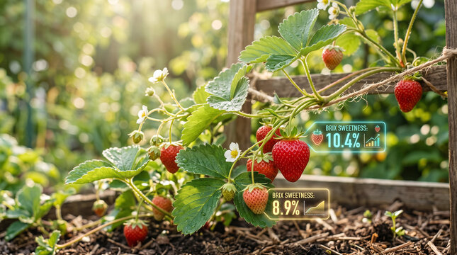 Strawberry plant with futuristic digital data overlay showing sweetness levels