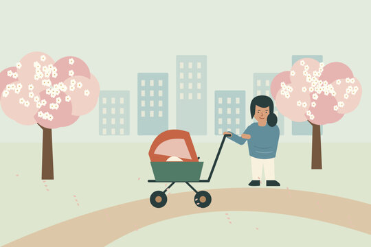Mother pushing a stroller in a park with cherry blossom trees