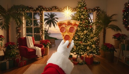 Fototapeta premium Santa Claus hand holding a slice of pepperoni pizza in a tropical Christmas living room