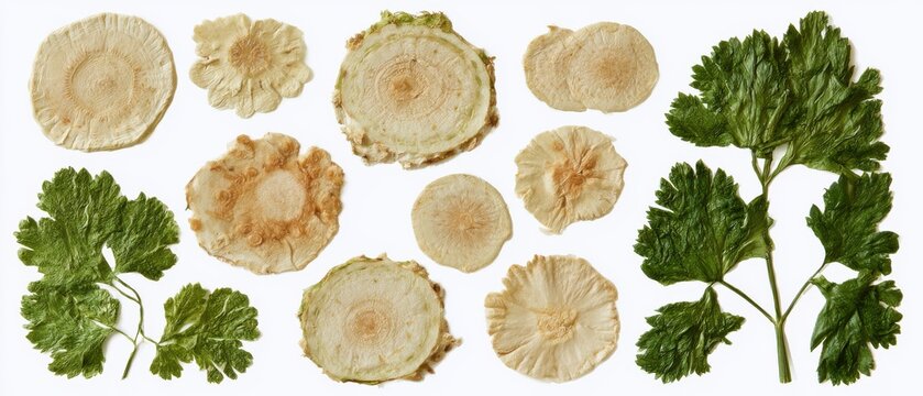 Collection of pressed celeriac root cross-sections and celery-like leaves, pure white background