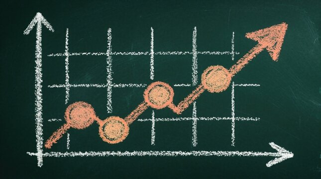 Hand drawn upward trending financial graph on dark green chalkboard background. White chalk lines show grid, axes. Orange chalk arrow, circles mark business growth, profit increase, positive market