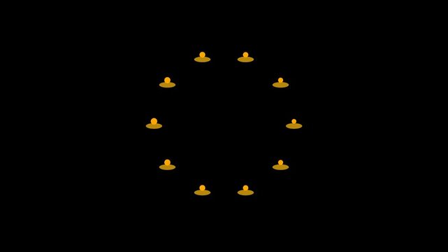 Circle of diyas rotating rangoli pattern on black background