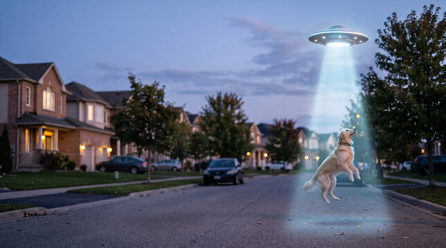 Golden Retriever dog levitates in bright beam from alien UFO in suburban street