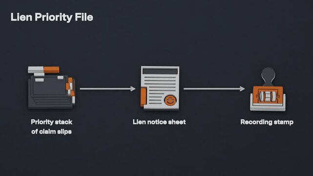 Lien priority is traced through ordered claims, a lien notice and the recording stamp that marks entry in the public record. Flat 3D style with English labels.