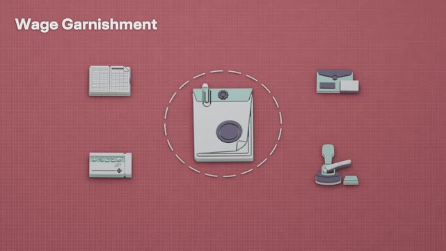 Wage garnishment centers on the court order, with payroll withholding and remittance awaiting their turn. Flat 3D style with an English title card.