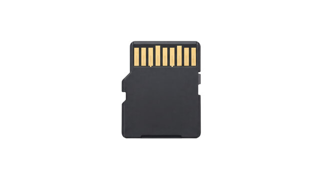 A black SD memory card for digital cameras and electronics. Professional studio shot of a storage device for data transfer, photography, and high speed media recording.