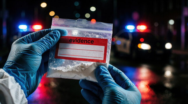 Gloves hold plastic bag with white powder marked evidence. Police car with flashing lights in background at night. Crime scene investigation in urban area.