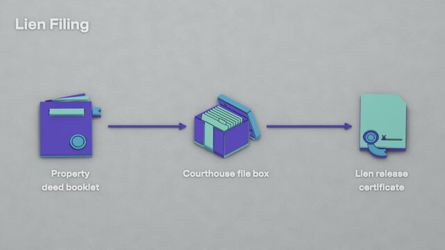 Recording a notice of lien marks the deed with an encumbrance, while the release certificate remains pending in the file. Flat 3D style with English labels.