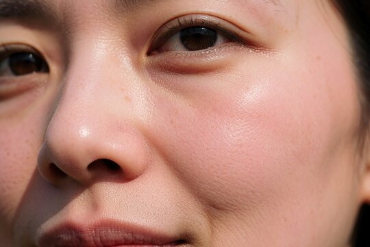 Close-up of an Asian woman face showing skin texture and sweat beads. Her cheek is flushed pink, suggesting heat or exertion. Sunlight highlights her pores and facial features.