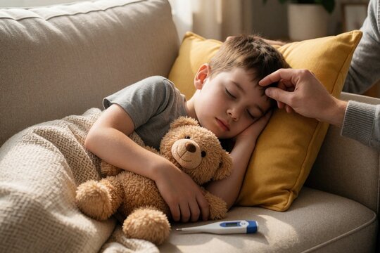 Parent touches forehead of sleeping sick child on sofa. Boy rests with teddy bear, thermometer nearby. Concerned father checks childs temperature at home.