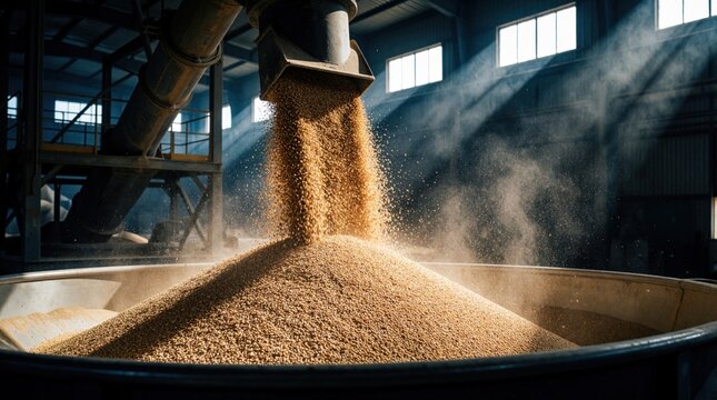 Industrial machine pours dry grain into large metal vat. Golden wheat corn falls in heavy stream during harvest processing. Dust clouds rise in factory warehouse under bright sunlight. Bulk food