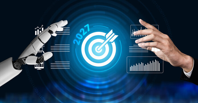 Futuristic Concept of Robot and Human Collaboration in Business with Target Graphics for Strategic Planning in 2027. Glyphic.