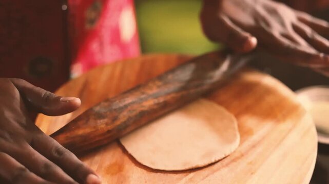 Hands shape puri with wooden rolling pin on smooth Indian kitchen board