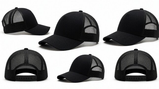 Collection of black trucker hats shown from different angles. Caps feature mesh back panels, solid fronts. Versatile headwear for various styles, activities. Neutral accessory for everyday outfits.