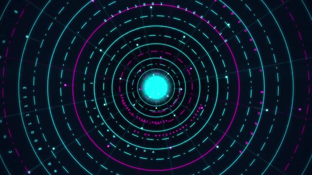 Abstract digital technology background with glowing neon circles and binary code data stream 4k video