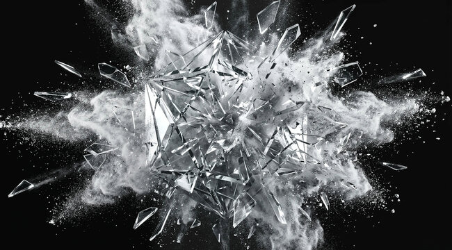 Abstract shattering glass and white powder cloud explosion on black backdrop with shattered glass black background dynamic impact