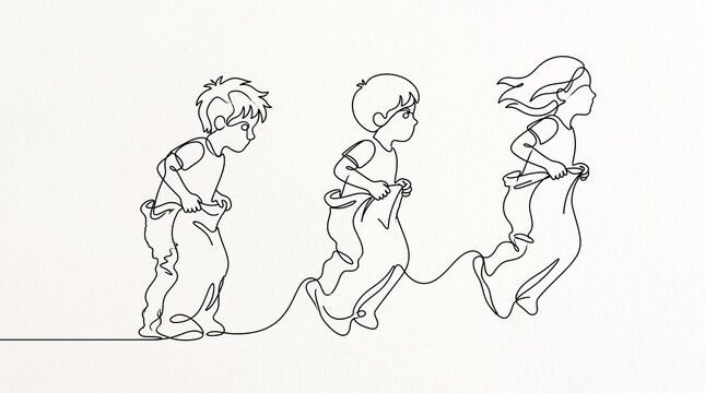 Children having sack race in a playful and energetic line drawing  