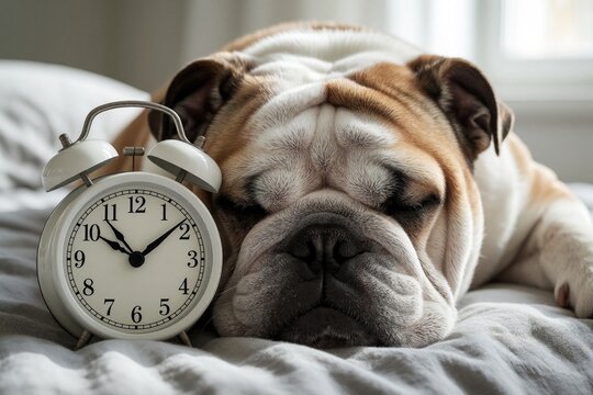 English bulldog slepic in bed next to alarm clock. Dog rests on pillow near bedside table indicating nap time. Morning or afternoon rest scene.