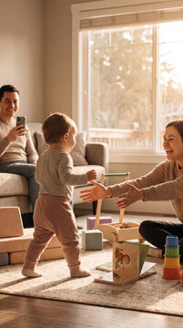 Baby child taking first steps toward mother while father captures the moment on a smartphone. The family is in a sunlit living room with toys and books around. Image made using Generative AI.