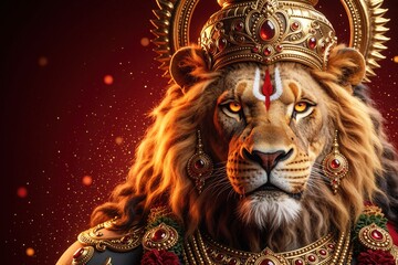 Fototapeta premium Majestic lion wears ornate gold crown and jewelry. Sacred Hindu deity face with tilak mark. Fiery orange mane, piercing eyes, deep red background with bokeh.