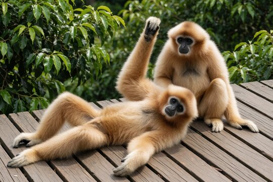 Two gibbons relax on wooden deck, one reclines arm raised, other sits, jungle foliage background. Primates rest leisurely in natural habitat, showing playful behavior and companionship.
