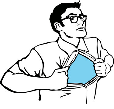 IT nerd opening shirt as hero to save the day