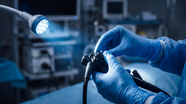 Surgeon wearing blue gloves manipulating a bronchoscope in a modern hospital operating room