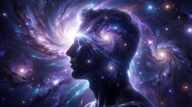 Human silhouette overlaid with cosmic galaxy, third eye awakening, consciousness expansion. Abstract energy swirls, stars illuminate ethereal dimension, representing spiritual journey, inner peace.