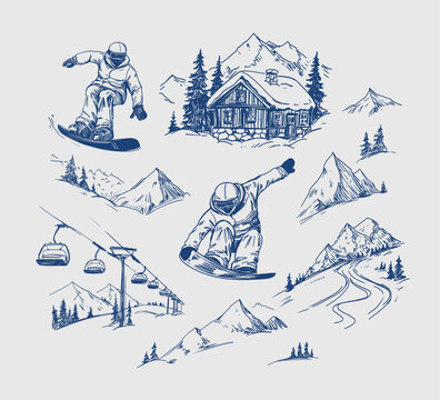 Snowboard, ski resort, mountains, ski slope, vector sketch illustration set