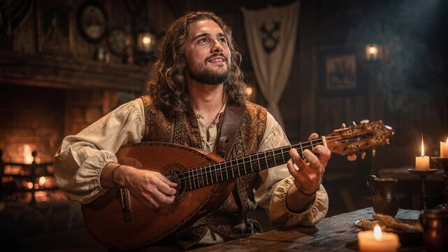 man playing a wooden lute in a dimly lit room with candles and banners