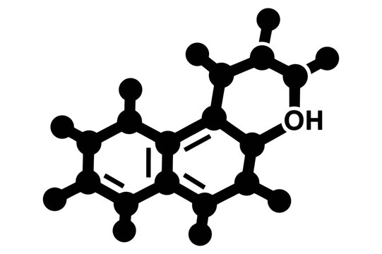Black and white chemical molecule structure diagram icon with molecular model chemistry icon science research