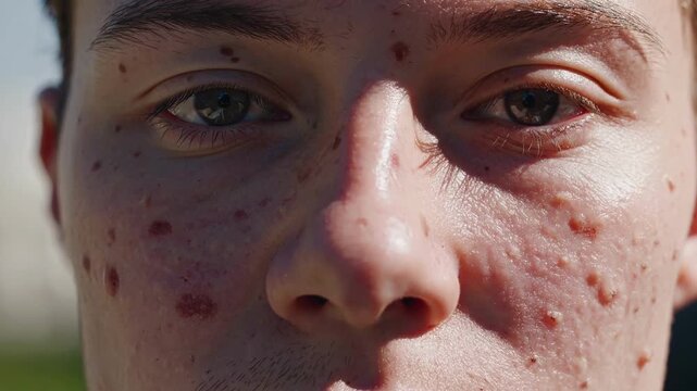 Young adult man looks directly at viewer with concentrated expression and acne visible across face. Male subject blinks during extreme close up while natural sunlight emphasizes skin texture.