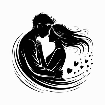 Romantic Couple Embrace Foreheads Touching with Trailing Hearts graphic
