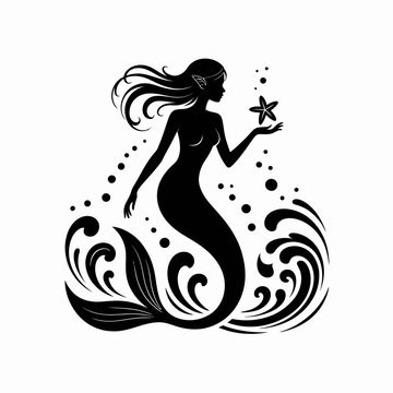 Mermaid in Profile Holding Starfish Among Waves and Bubbles graphic