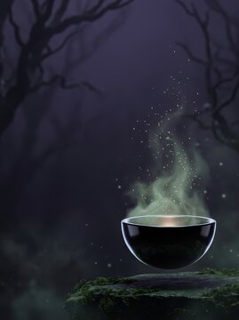 Floating Obsidian Scrying Bowl with Glowing Green Mist in Mystical Forest