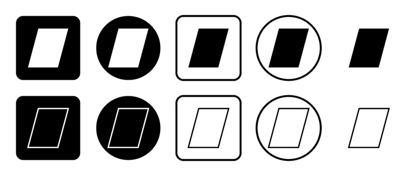 Icon set of parallelogram symbol. Filled, outline, black and white icons set, flat style.  Illustration on transparent background